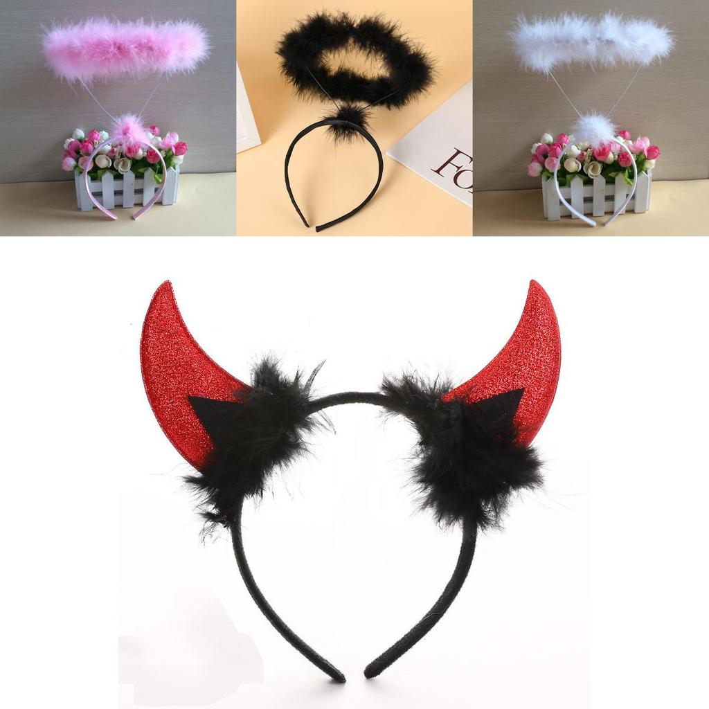 Halloweenská Vánoční Párty Čelenka s Bílým Peřím Andělskými a Ďábelskými Rohy pro Kostým a Festivalovou Dekoraci