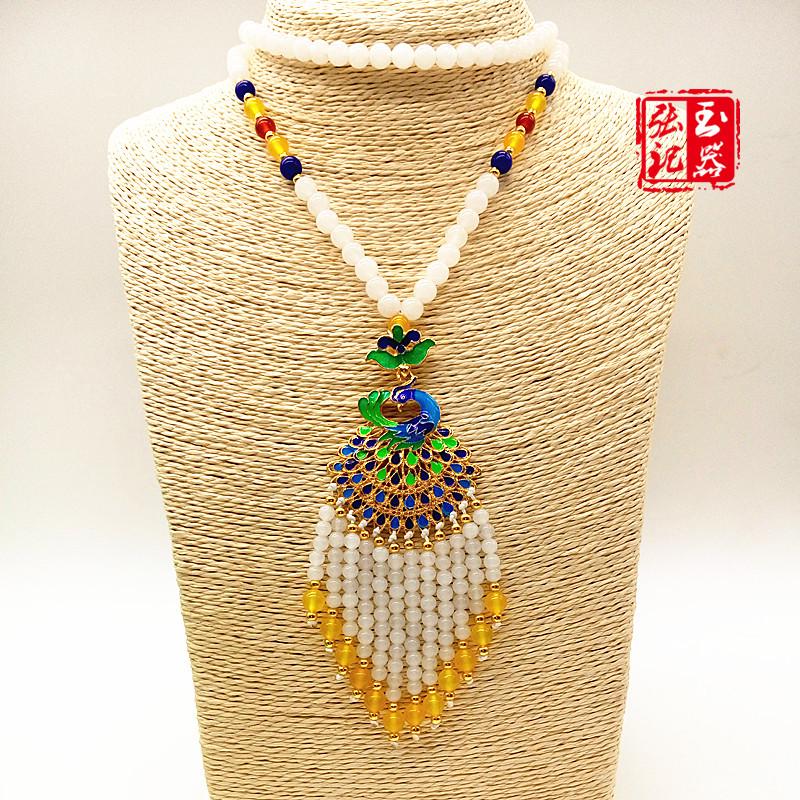 Ethnic Long Sweater Necklace with Cloisonné Peacock Pendant and Kunzite Beads Cloisonné