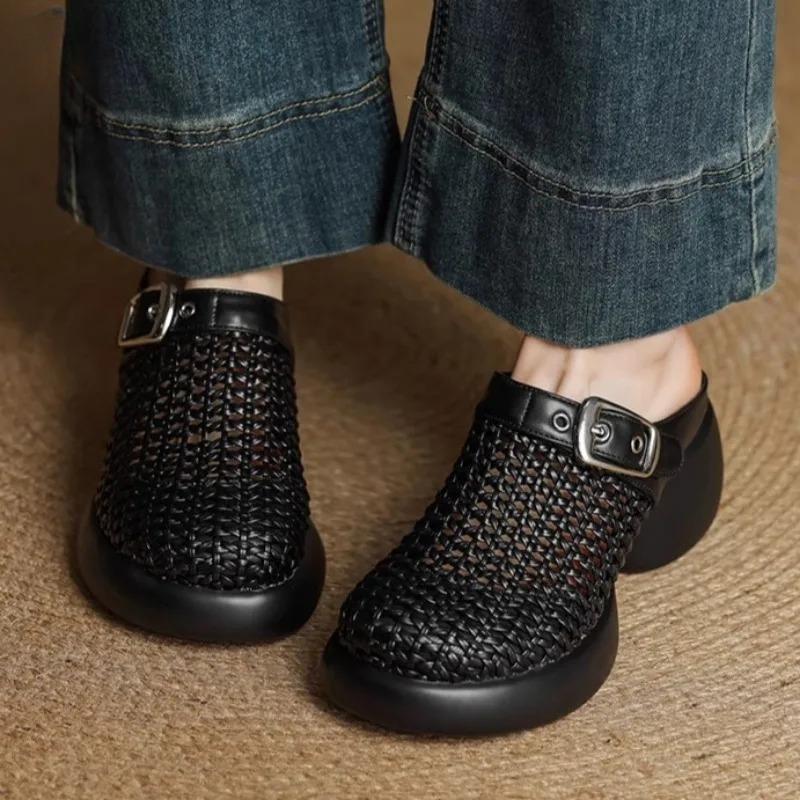 Mesh Platform High Heels Weave Women Slippers Hollow Sandals Mules Casual Shoes Woman 2025 Summer Fad Beach Loafers Slides Dress