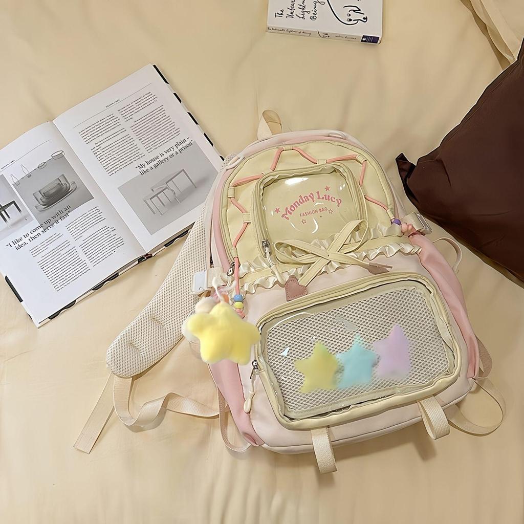 Women's Color Block College-Style Backpack with Ballet Ruffle Lace Design