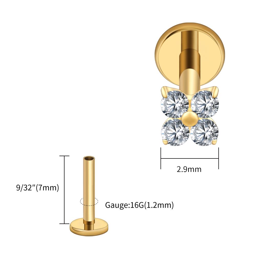 Right Grand ASTM F136 Titanium Flower CZ Cartilage Earring 16G Four Leaf Helix Tragus Stud Flat Back Labret Piercing Jewelry