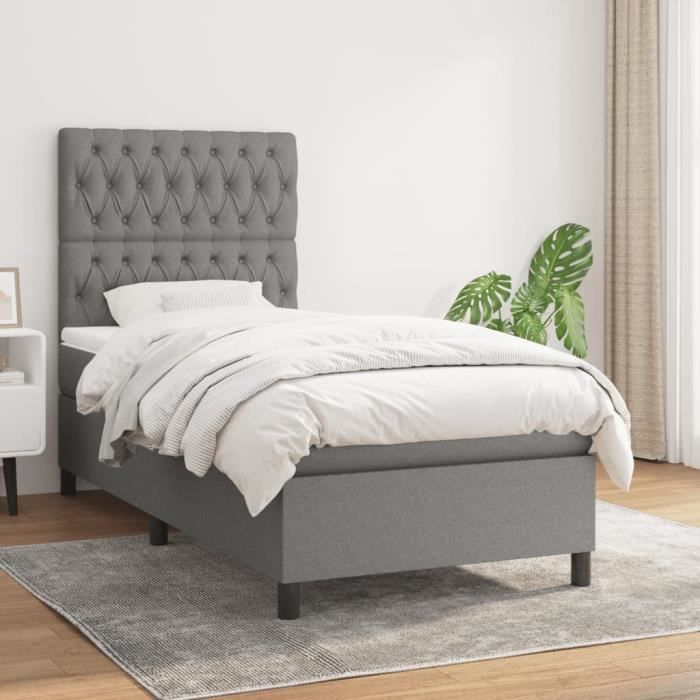 3141994 vidaXL Lit à sommier tapissier avec matelas Gris foncé 100x200cm Tissu