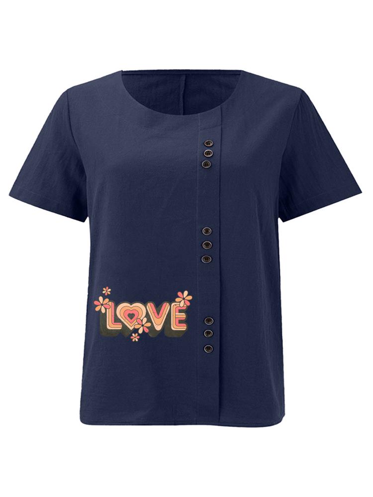 Women's Fashion Love Letters Print Casual Cotton Linen Short Sleeve Round Neck T-shirt Shirt Leisure Loose Summer Blouse Tops