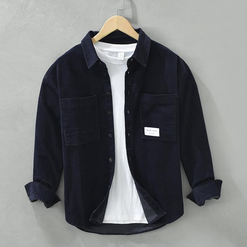 Spring/Autumn Long Sleeve Shirts for Men Vintage Japanese Style Corduroy Shirt Loose Top Square Double Pocket Casual Shirts