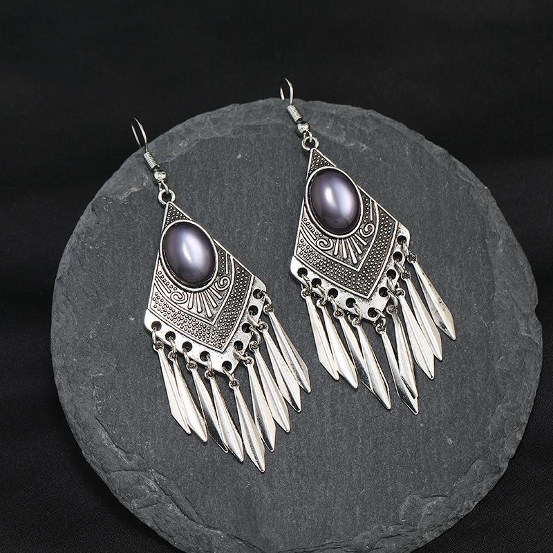 Vintage stone fringed earrings silver women's bohemian long personalized Tibetan temperament vacation earrings