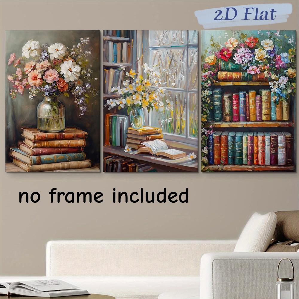 

3-piece set of vintage flowers and old books frameless canvas decorative paintings, living room, study, bedroom, modern minimali (as the picture,20x30cm-3pcs)
