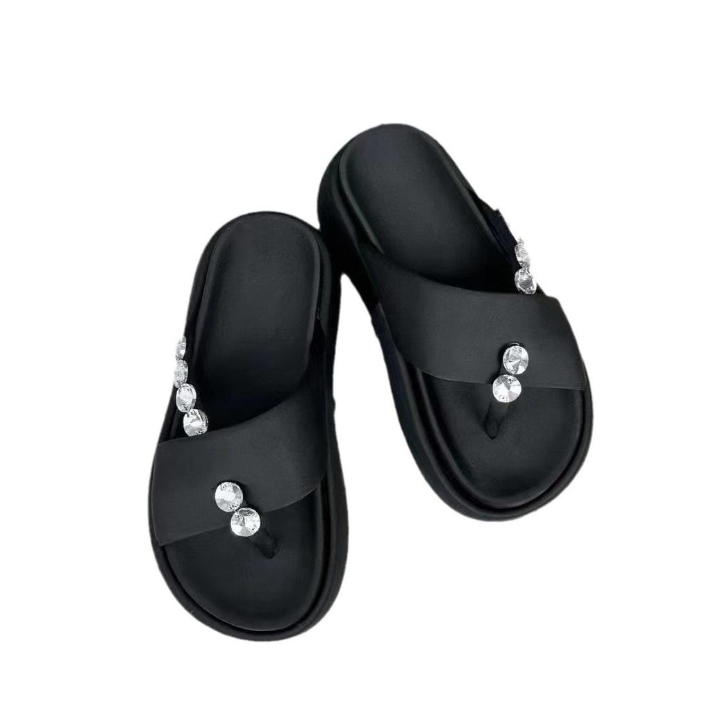 Schwarze schöne Drag-Damenschuhe Sommerkleidung neue kleine Absatzhöhung dicke Sohle Strasssteine Zehenspitze hoher Sinn