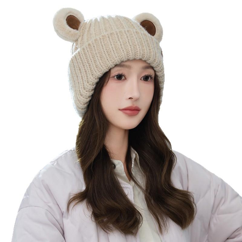 Versatile Hat for Women In Autumn and Winter Sweet and Cute Bear Ear Knitted Wool Hat Korean Outdoor Windproof and Warm Hat
