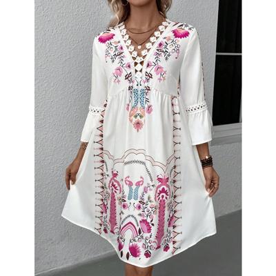 Women's Fashion Summer Spring 3/4 Sleeves V-Neck Loose Waistline Casual Dresses