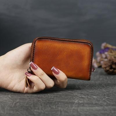 Genuine Leather Men Women Zipper Card Holder Vintage Design Mini Coin Purse Solid Color Soft Wallets GZW