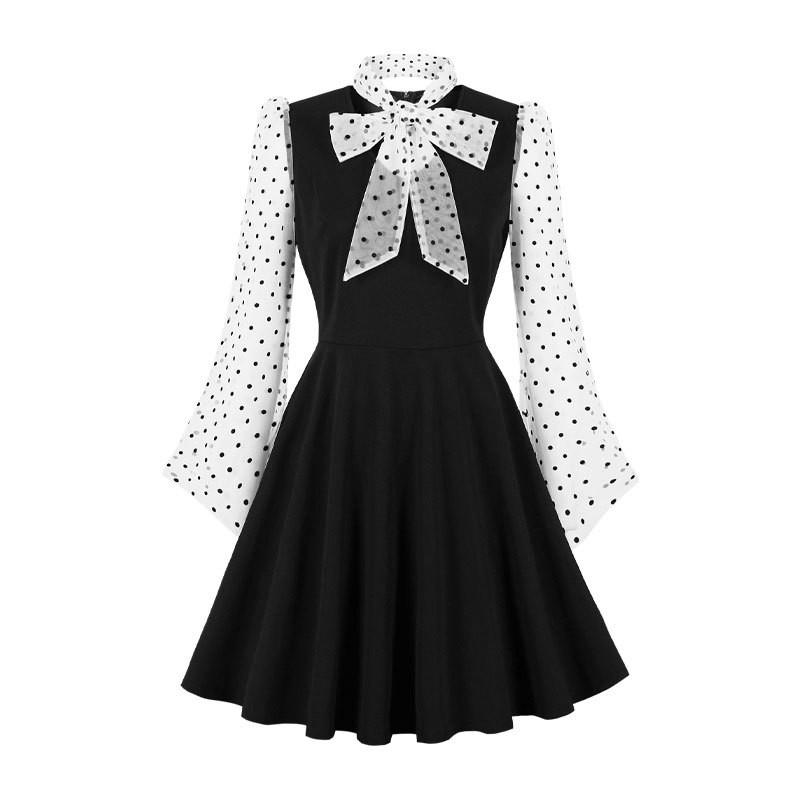 

Women Retro 50s 60s Hepburn Long Sleeves Mesh Polka Dot Dress Office Host Wedding Bride Bridesmaids Party Gowns S чёрный