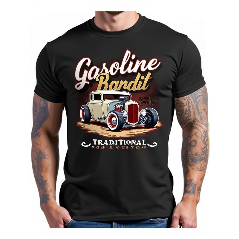 T-shirt Hot Rod da Uomo Design Auto Ispirato al Vintage Grafica Gasoline Bandit Stile Retro Americana Morbida Manica Corta Girocollo