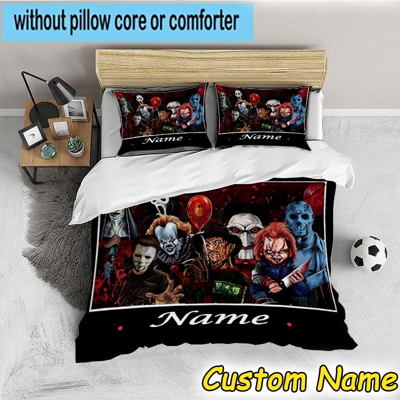 3PCS Custom Name Horror Characters Bedding Set, Bedding Set Including 1pc Duvet Cover And 2pcs Pillowcases for Bedroom,Dormitory Gift