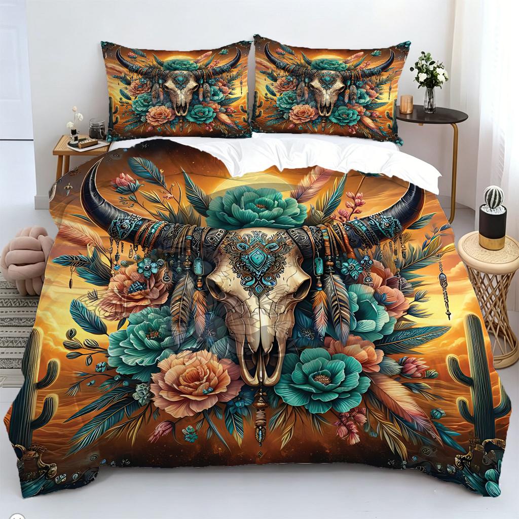 2/3Pcs Bohemian Bull Skull Duvet Cover Set,With Pillowcase Multi Size Bedroom Bedding Decor,Bohemia Rural Style Bedroom Decor