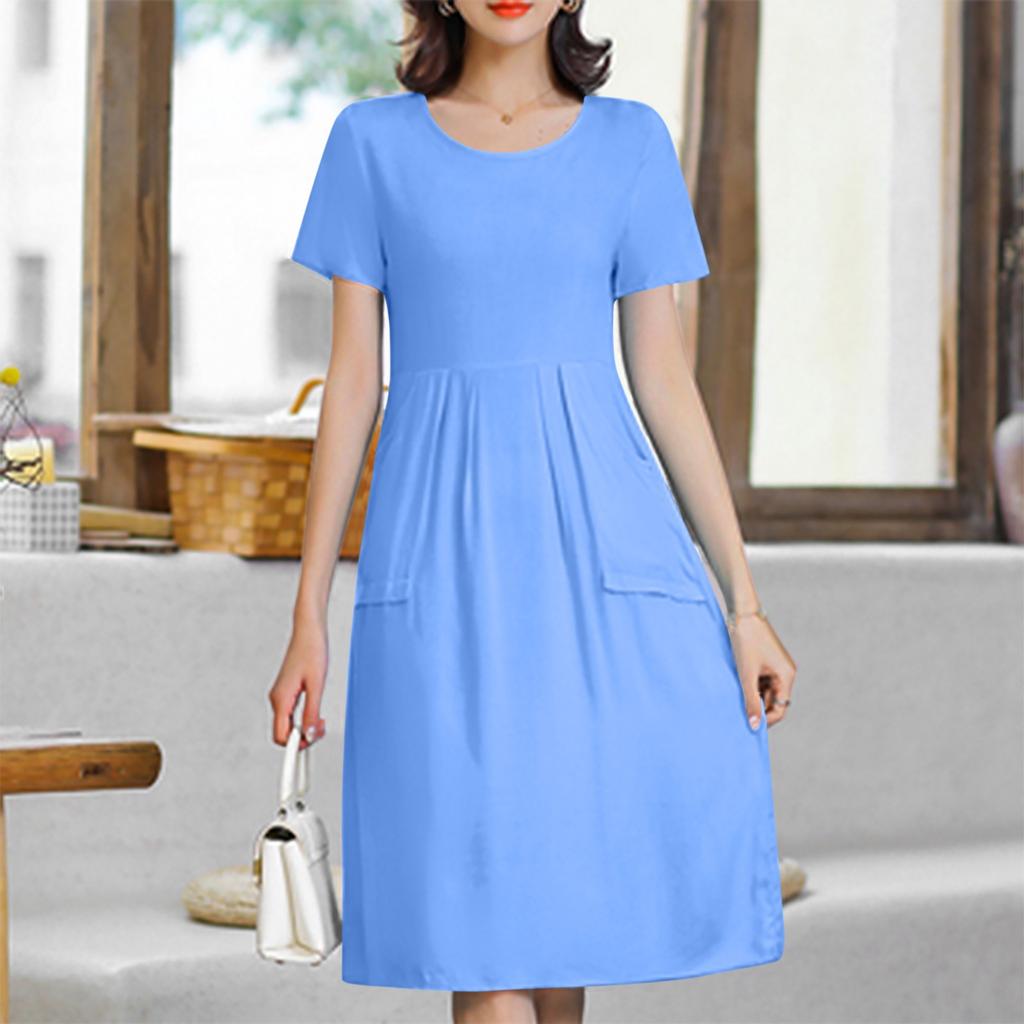 Women's Fashionable And Trendy Round Neck Loose Short Sleeved Solid Color Dress In Plus Size