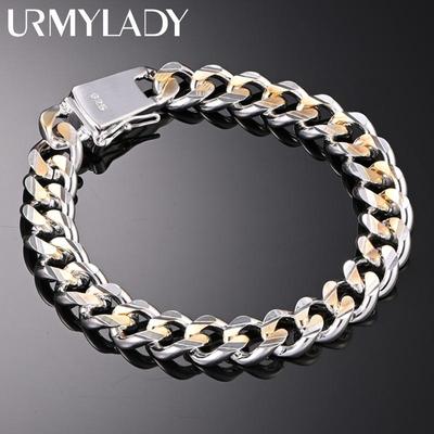925 Sterling Silver Gold Exquisite 10MM Chain Bracelet Jewelry MB257