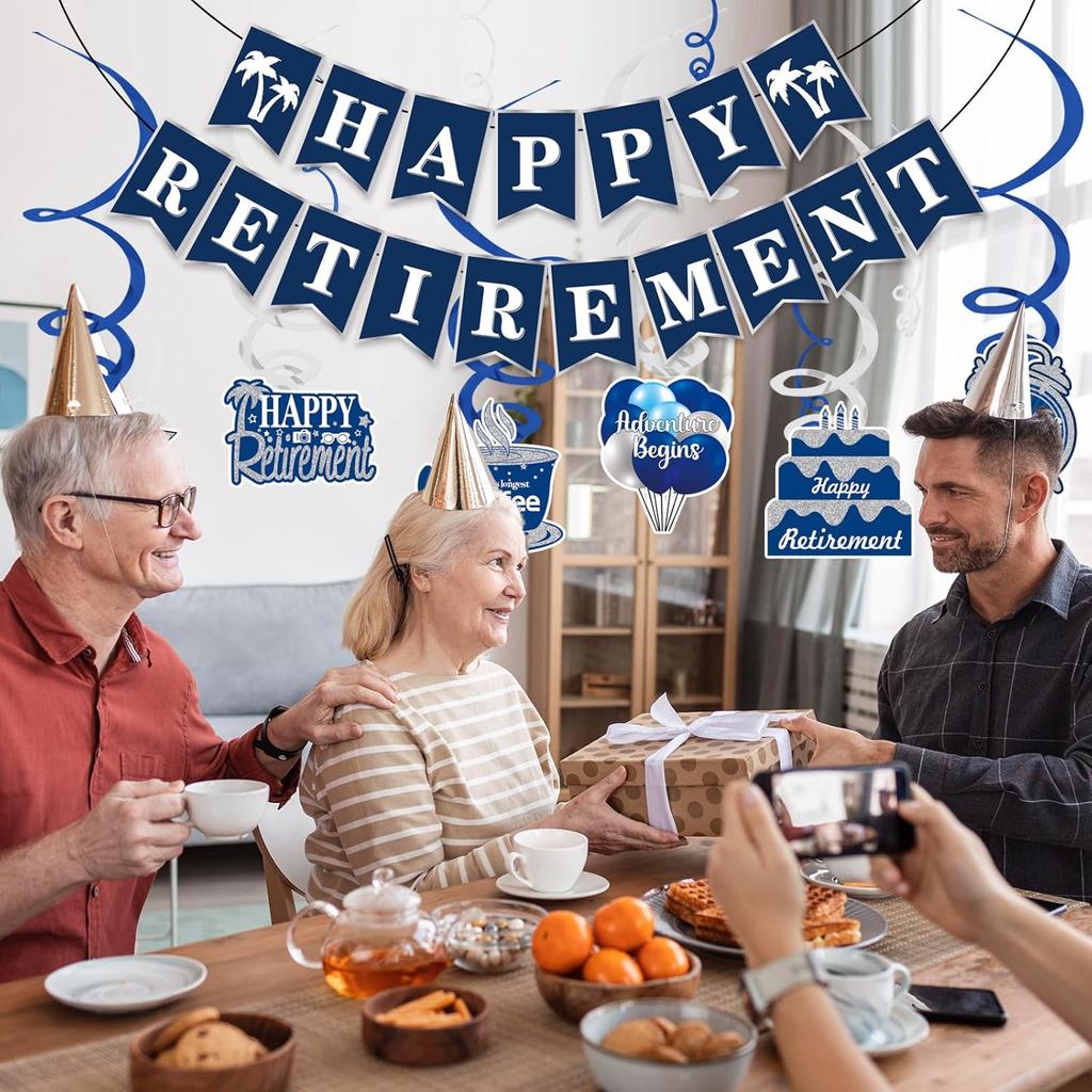 Happy Retirement Party Decorations - Retirement Banner Hanging Swirls Kit for Men Women (Blue)
