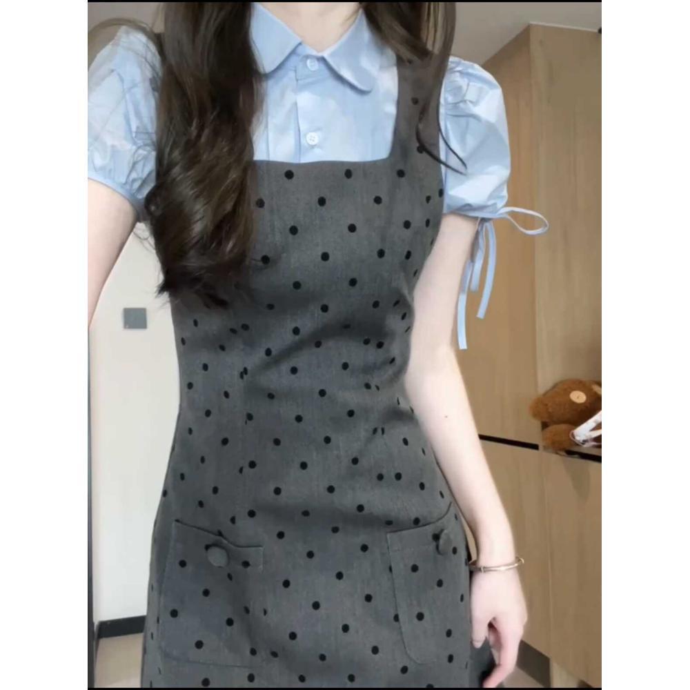 Gray polka dot camisole dress women's summer new pre-spring temperament casual women's waist suspender skirt vest skirt