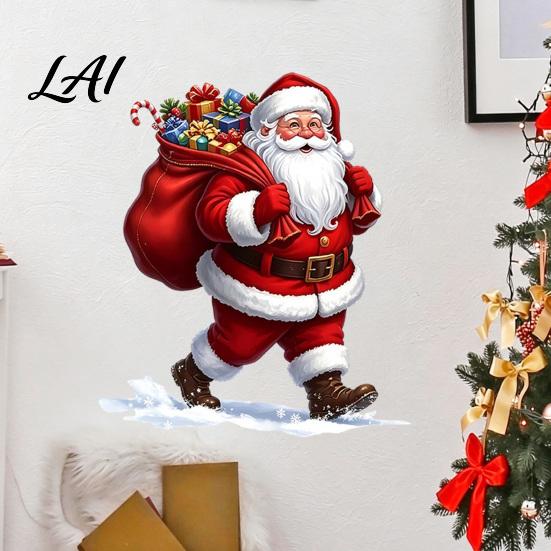 Christmas Scene Wall Art Stickers Cartoon Santa Claus Carrying Bag Decal Peel And Stick Seasonal Home Decorations Full of Gifts DIY Murals