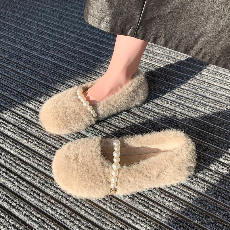 

Новые зимние замшевые пушистые туфли для женщин на одной педали, туфли-бини, теплые жемчужные хлопковые туфли на плоской подошве 35 хаки