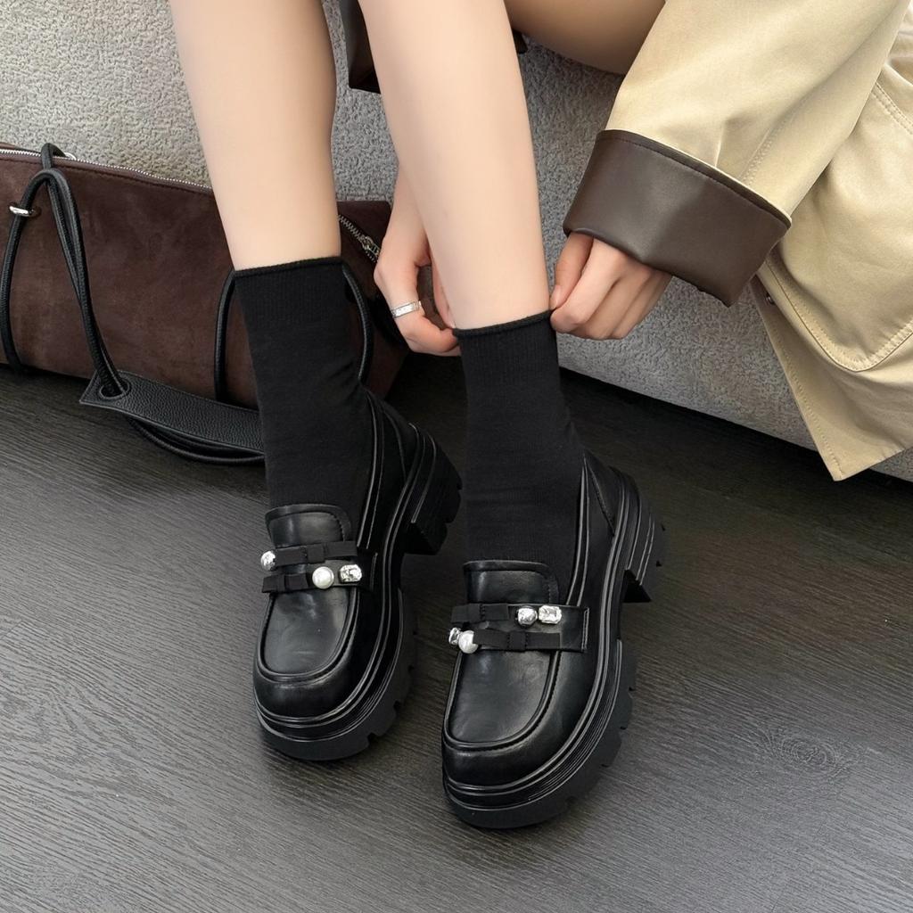Black British style platform thick high-heeled small leather shoes women's 2025 new autumn retro versatile heightened loafers shoes