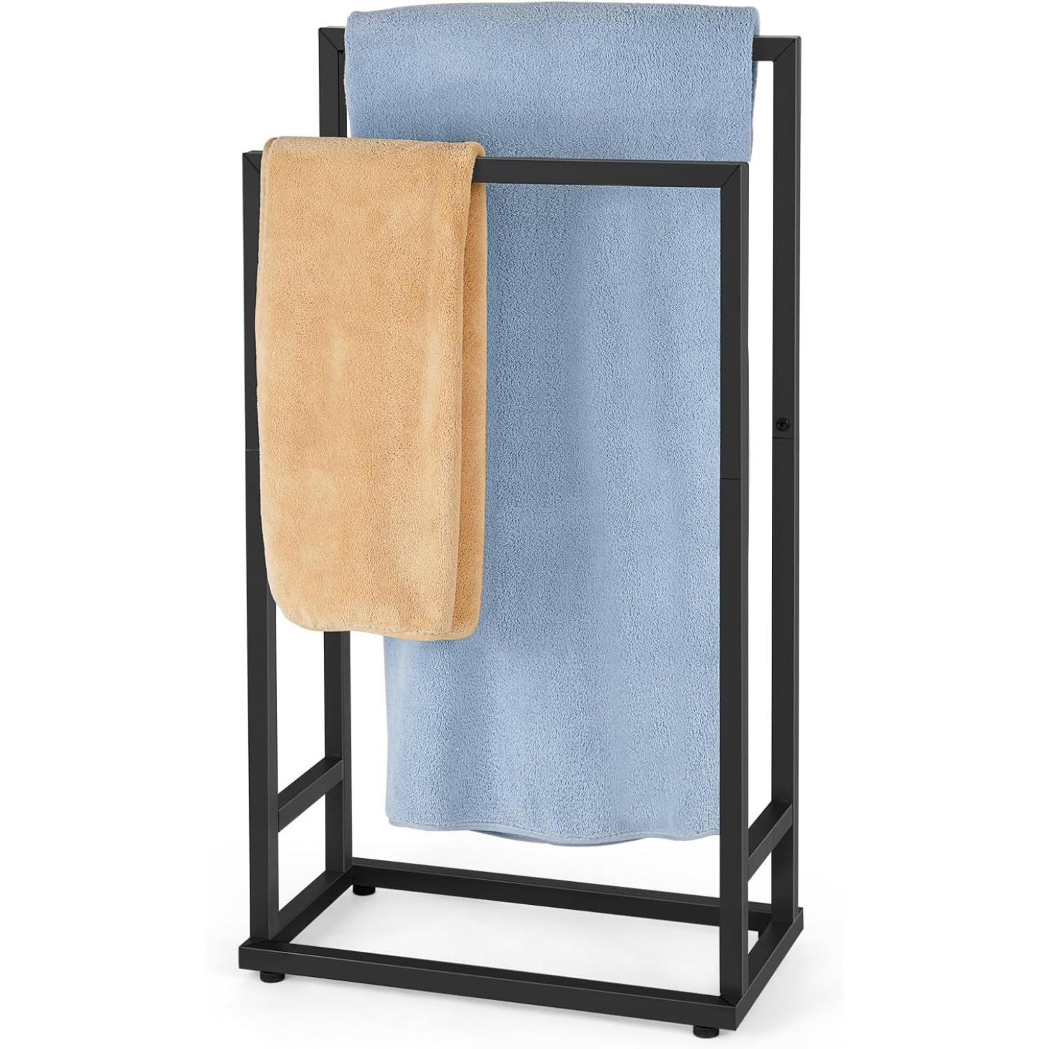 

2-Tier Metal Towel Rack | Bath/Bed Floor Stand w/5 Bars | Compact Organizer for Hand Towels, Robes & Laundry (White) чёрный