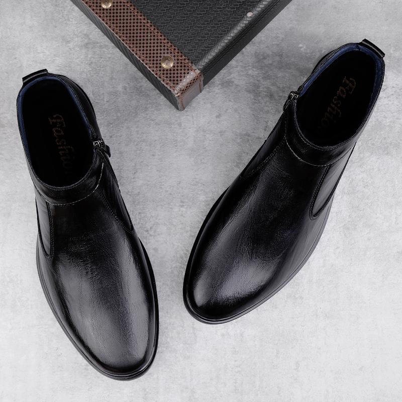 British Style Men's Chelsea Boots Genuine Leather Ankle Boots Fashion High Top Walking Shoes Winter Plush Snow Motorcycle Botas