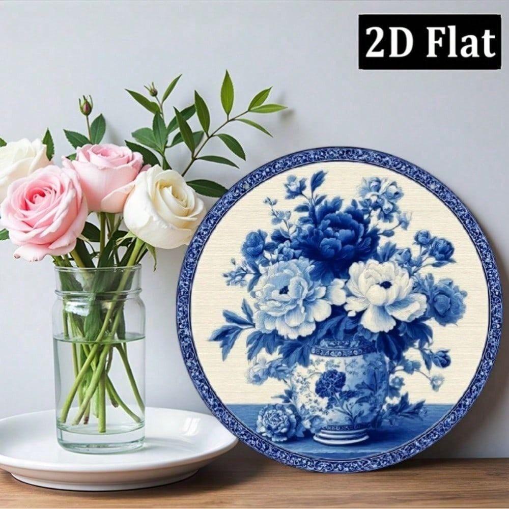 Vintage Round Metal Wall Art Sign with Blue Porcelain Floral Design