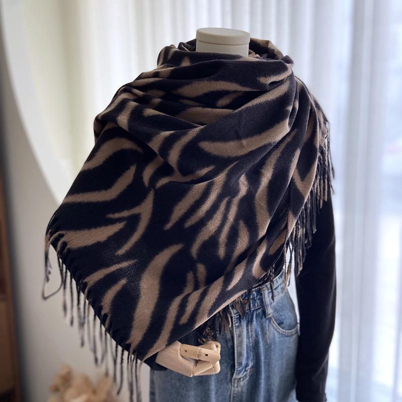 Scarf Women's Autumn and Winter European and American New Striped Printing Tassel Imitation Cashmere Shawl Cross-border Warm Scarf