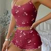Kadın Yazlık Pijama Takımı Kalp Baskılı Seksi Fitilli Fiyonk Dekor Yuvarlak Yaka Sırtı Açık Crop Cami Üst ve Şort Gece Giyim