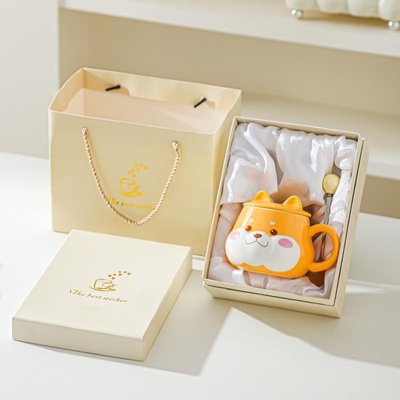 Roztomilý keramický hrnek na vodu Super roztomilý Shiba Inu Kreativní hrnek na vodu s víčkem Vysoký vzhled Narozeninový dárek Pár Domácí kancelářský hrnek