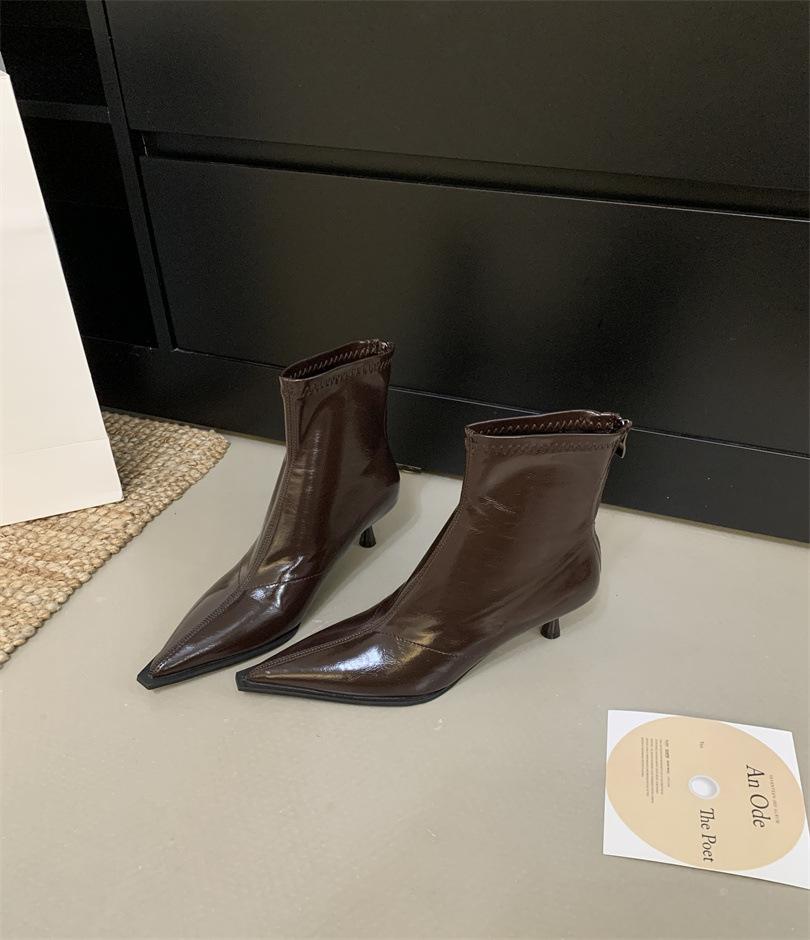 

Осень и зима новые остроносые тонкие сапоги на высоком каблуке женские французские сапоги на тонком каблуке в стиле ретро с задней молнией из мягкой кожи короткие сапоги эластичные модные сапоги 39 коричневый