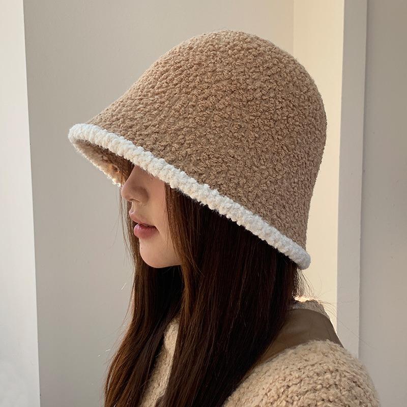 Plush bucket hat women's color matching fashion versatile knitted bucket hat big head shows small face windproof warm basin hat