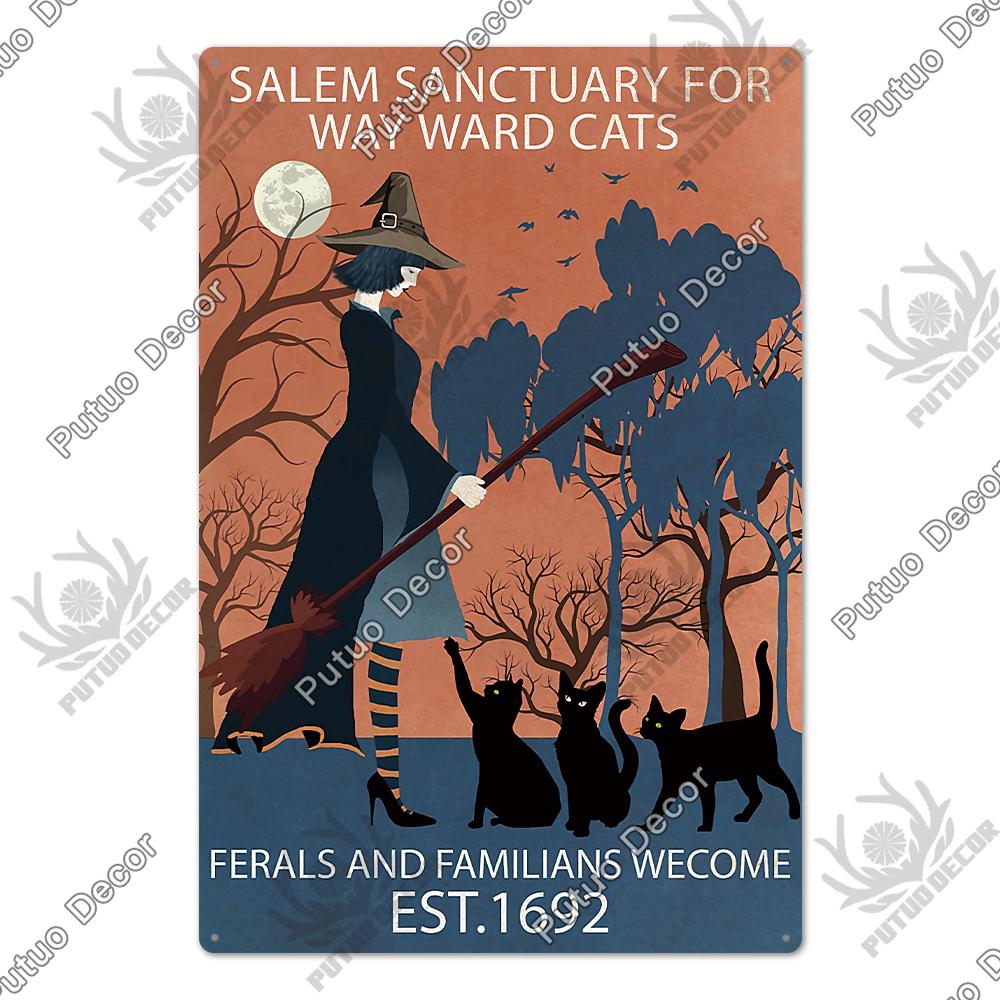 Putuo Decor Halloween Schwarze Katze Vintage Metallschild Plakette Metall Vintage Blechschild für Wohnzimmer Tür Tierhandlung Wanddekoration