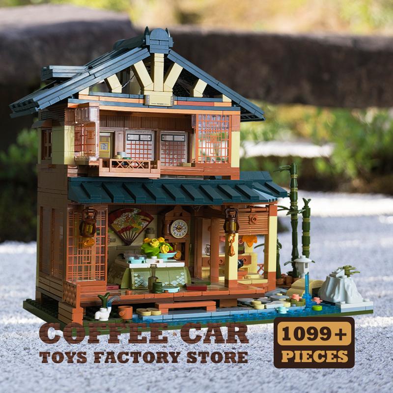 Japanese View Wooden House MOC Bricks City LED Log Cabin Building Blocks Toys Tatami Room Plastic Model Adult Kids Birthday Gift