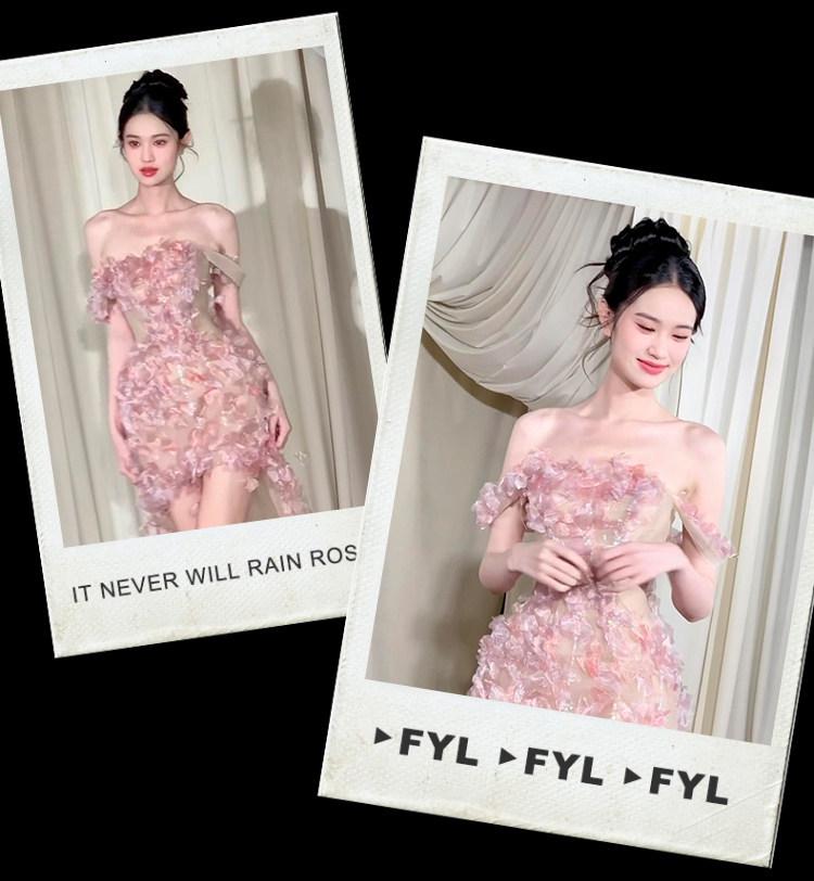 2026 French Pink One-Shoulder Strapless Dress: Elegant High-End Party & Engagement Attire