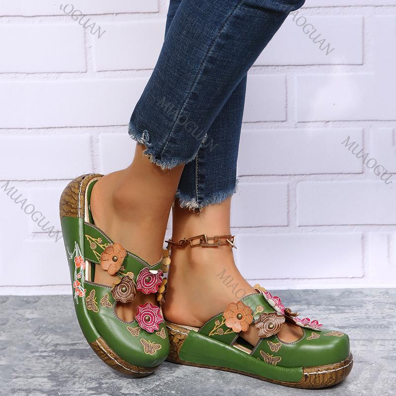 Fashion New Baotou Ethnic Half Slippers for Women Flat Bottom Flower Thick Sole Retro Women's Platform Sandals Mules Summer Footwear