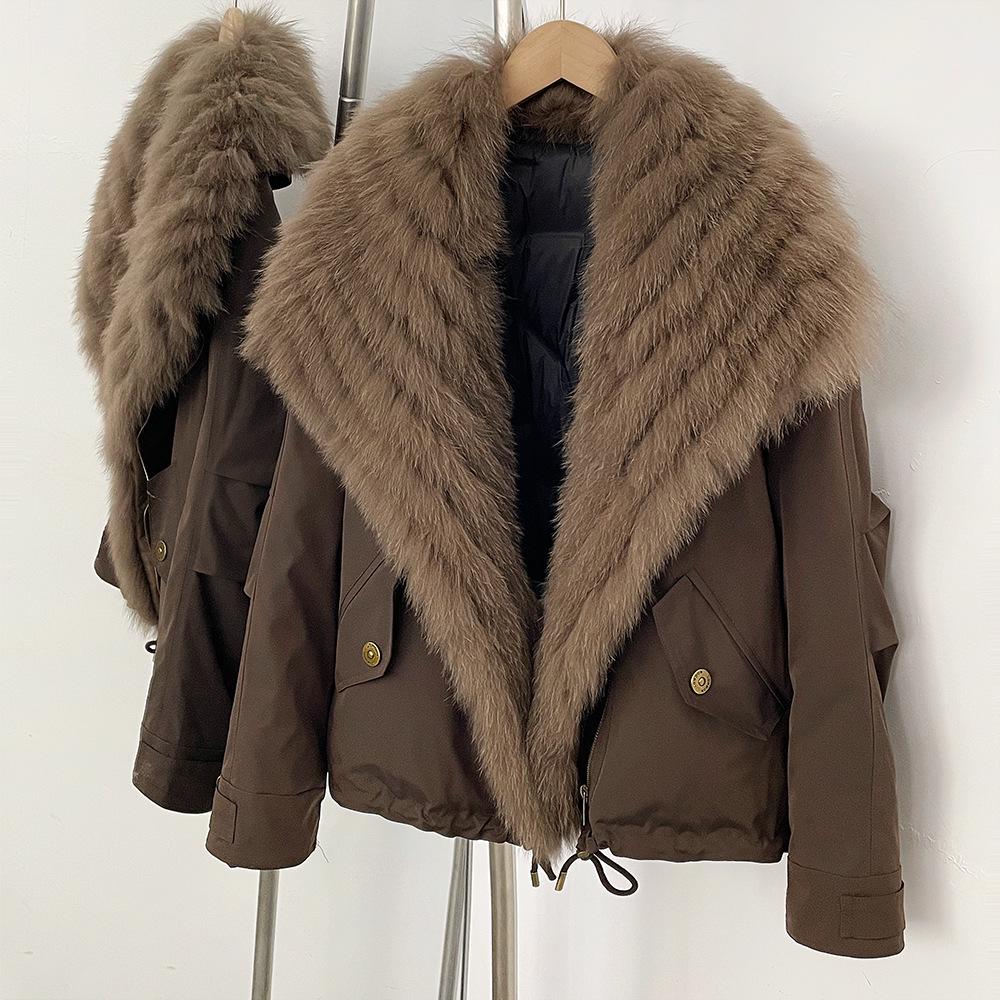Women's White Duck Down Leather Coat with Fox Fur Collar and Lapel
