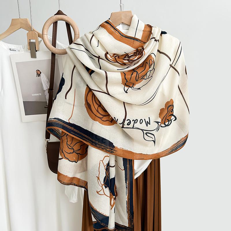 New Scarf Women Camellia Cotton and Linen Feel Scarf Summer Sun Protection Beach Towel Decorative Shawl
