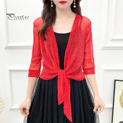 Women Summer Blouse Cardigan V-neck Solid Color Thin See-through Half Sleeves Sunscreen Lace Up Anti-shrink Short Jacket Female Clothes Lady