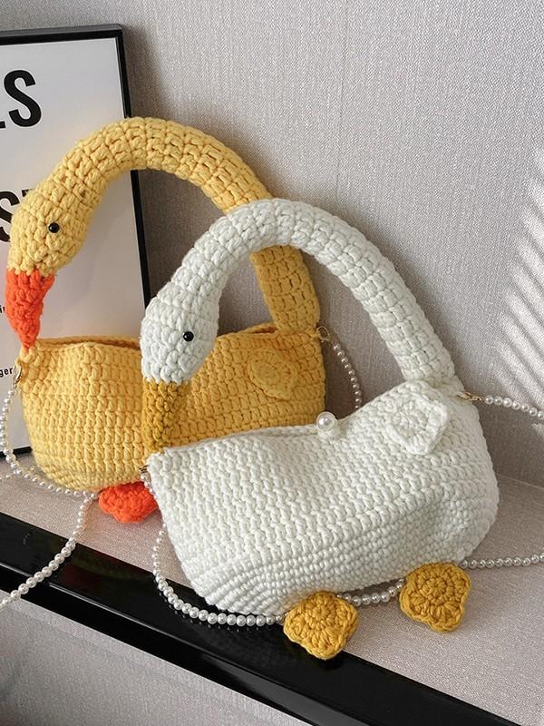 Gestrickte Woll-Handtasche mit Schultergurt in Weiß mit Gänsemotiv für den täglichen Freizeitgebrauch