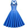 Vintage polka dot halter-neck, open-back, tie-front, slimming, figure-hugging, cinched waist, full-skirted midi dress for women