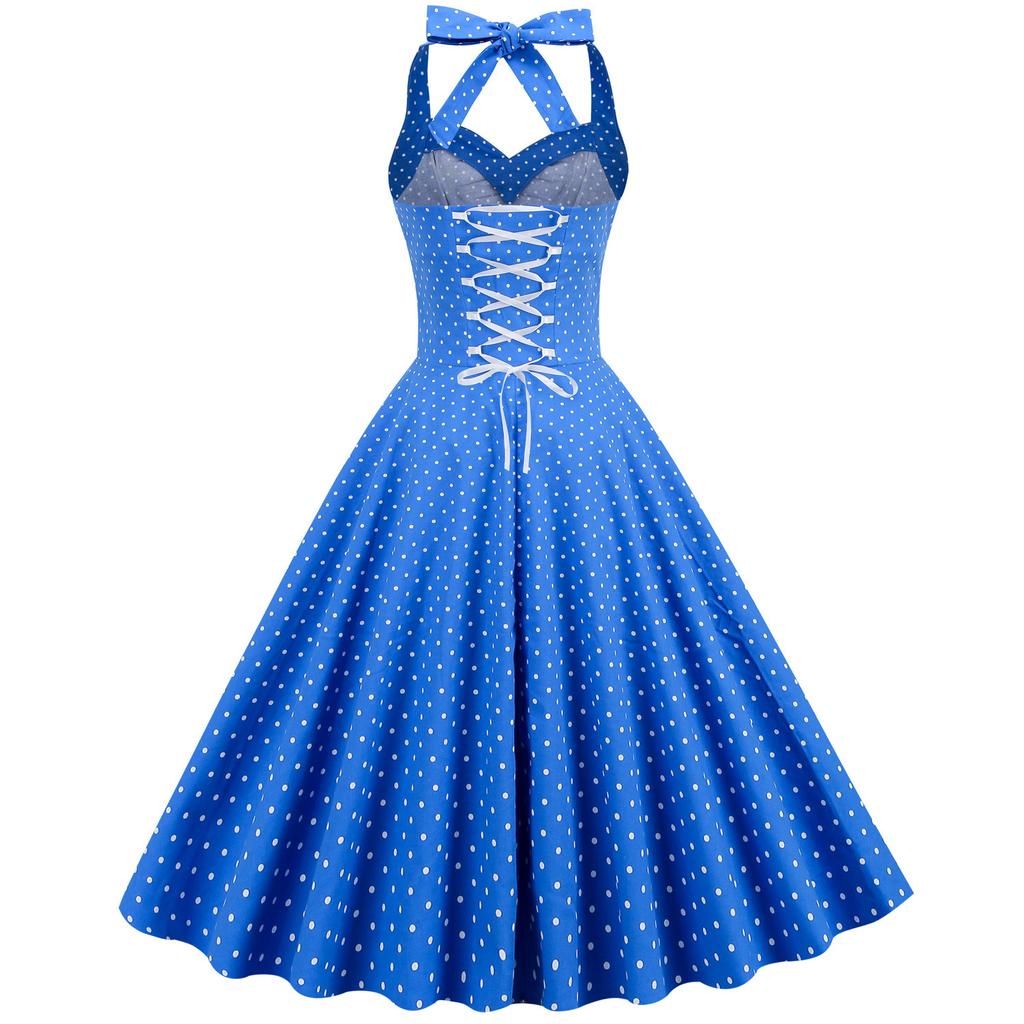 Vintage polka dot halter-neck, open-back, tie-front, slimming, figure-hugging, cinched waist, full-skirted midi dress for women