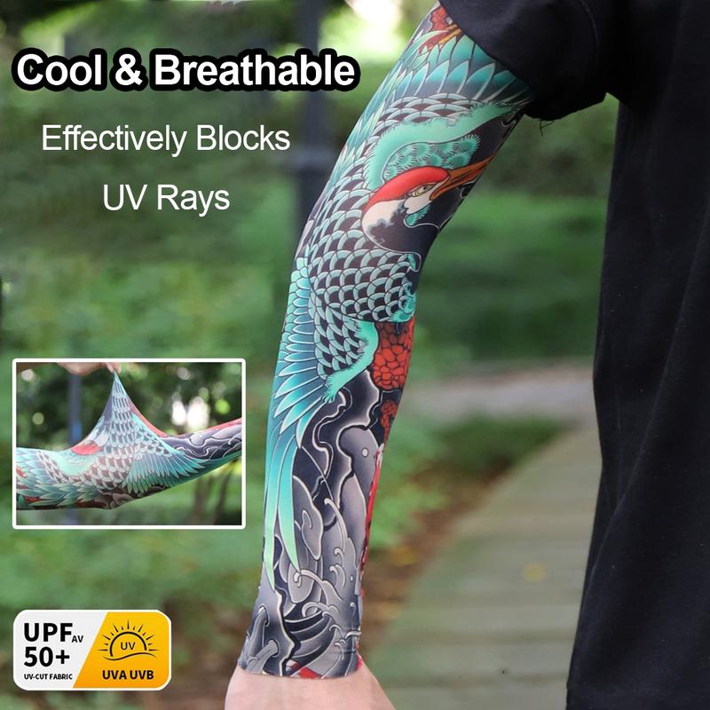 1 Pair Tattoo Arm Sleeves Men Driving Crane Motorcycle Cooling Ultra-Thin UV Protection Breathable Fishing Cycling Arm Sleeves
