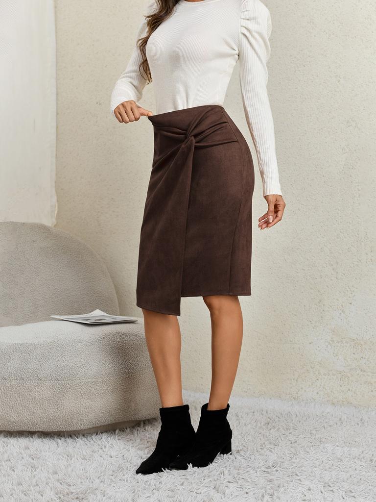Women's Solid Color Irregular Suede Zipper Skirt High Waisted Buckle Wrapped Hip Twisted Elastic Knot Short Skirt Middle Skirt