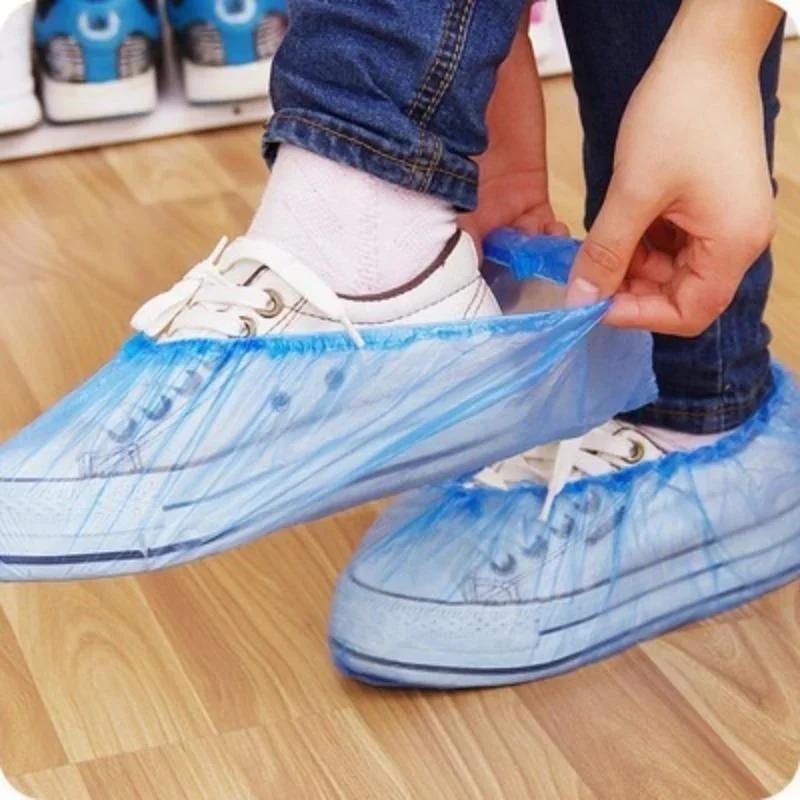 New 100PCS Medical Waterproof Boot Covers Plastic Disposable Shoe Dust Covers Overshoes Home Cleaning Cover Shoes Supplies