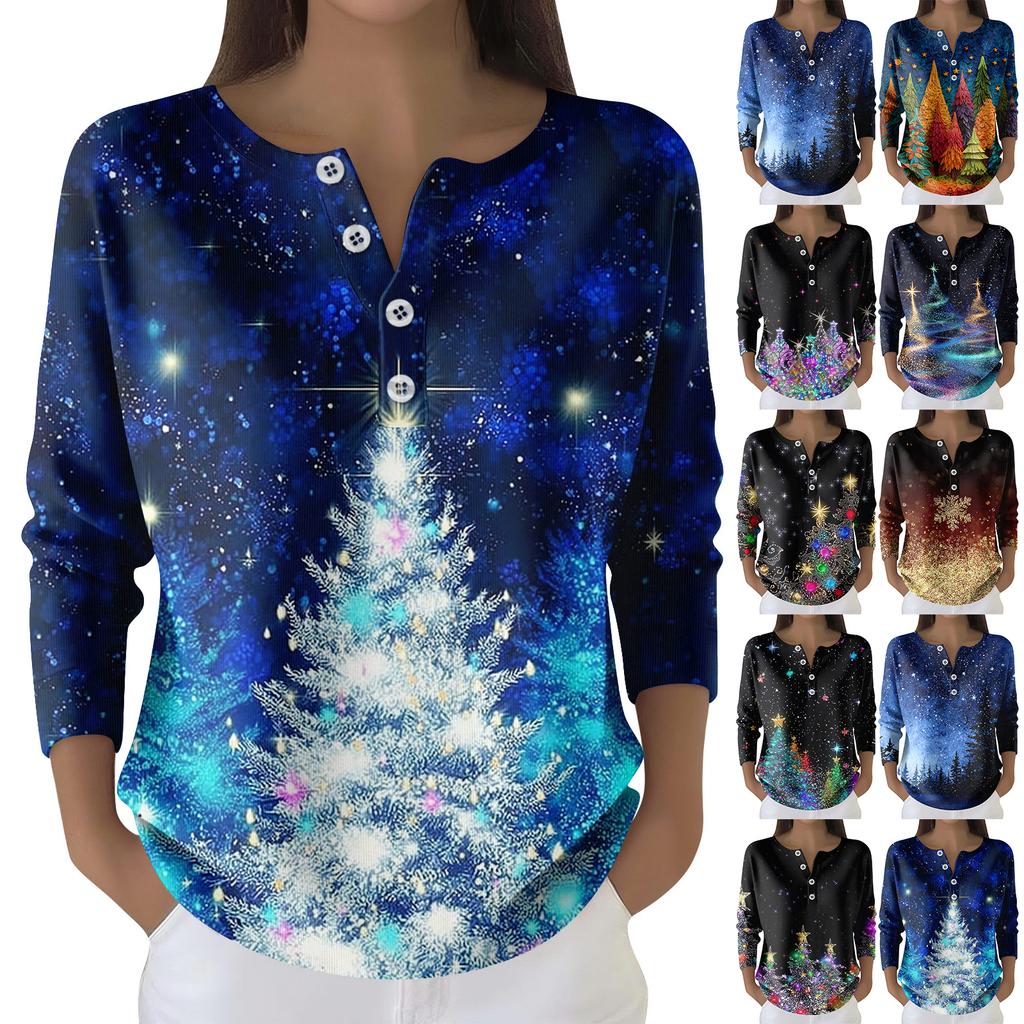 Women's Fashion Long Sleeve Christmas Snowflake Print Top Elegant Casual Top