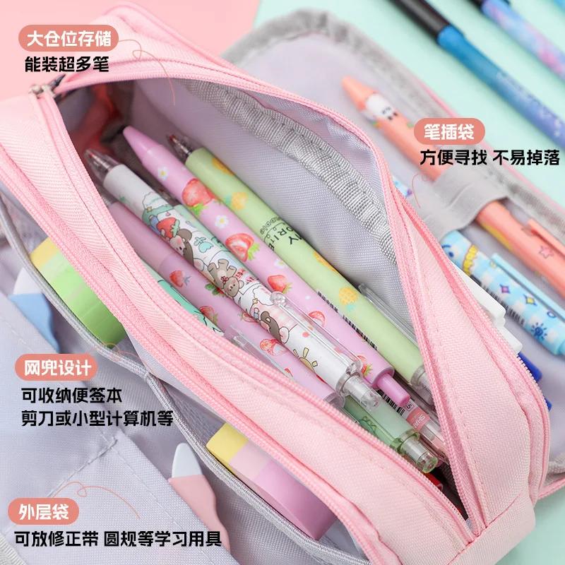 Estuche negro para lápices, gran espacio de almacenamiento, 2 compartimentos, bolsa de doble cara abierta, organizador de escritorio para estudiantes, útiles escolares