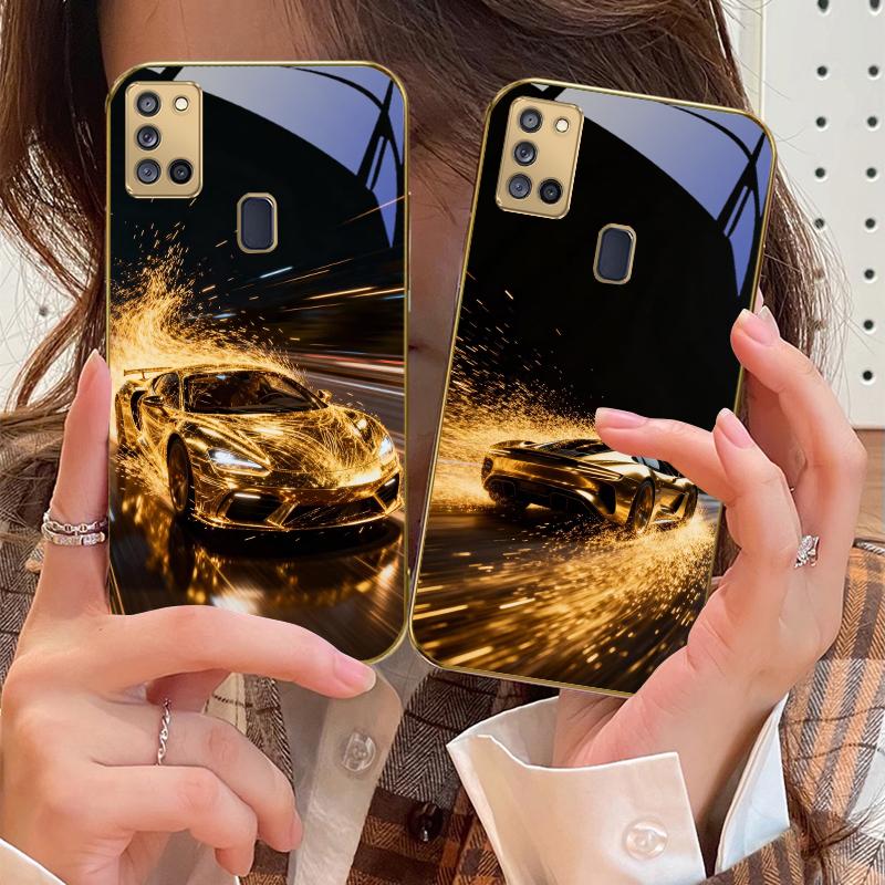 Flying golden supercar For Samsung A 31 32 A33 A34 35 14 A15 13 16 25 26 50 52 53 54 55 56 70 71 72 73 Golden glass phone case
