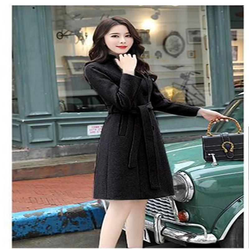 Abrigo de lana de dragón y Fénix para mujer, abrigo de longitud media con cuello levantado, contraste de cintura, Edición coreana, Otoño e Invierno